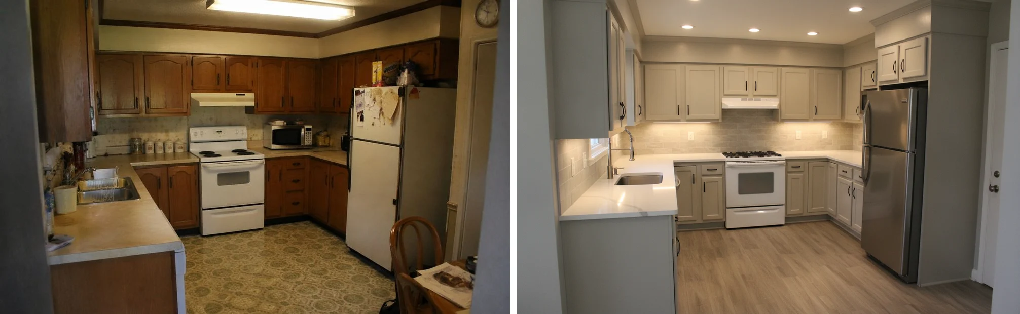 A real kitchen photo beside its AI-generated redesign