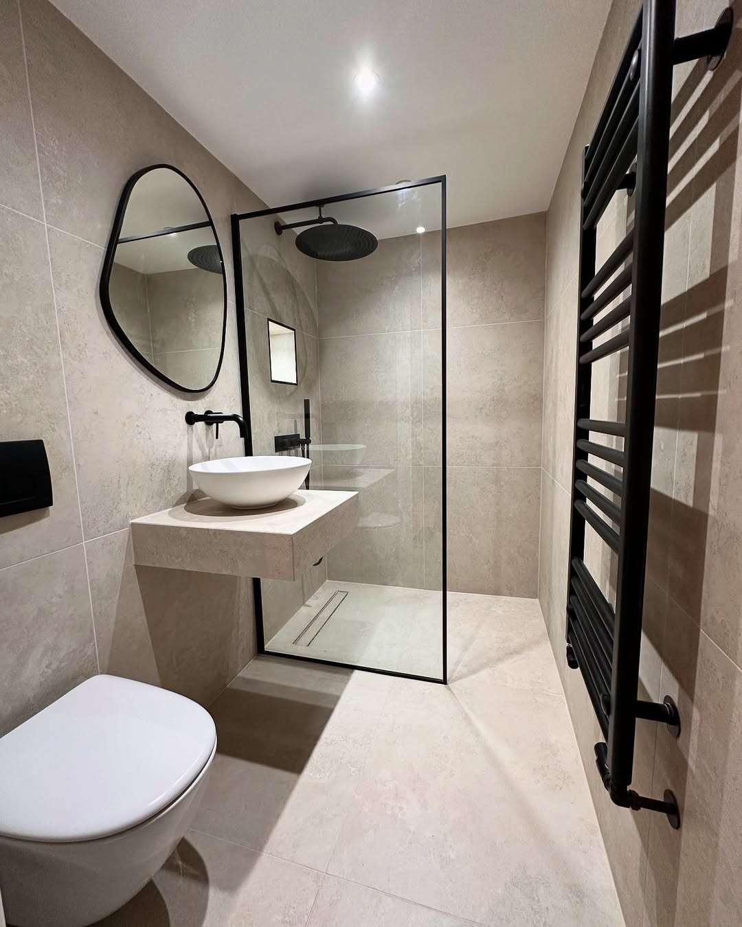 Small bathroom after renovation with walk-in glass shower and black towel rail