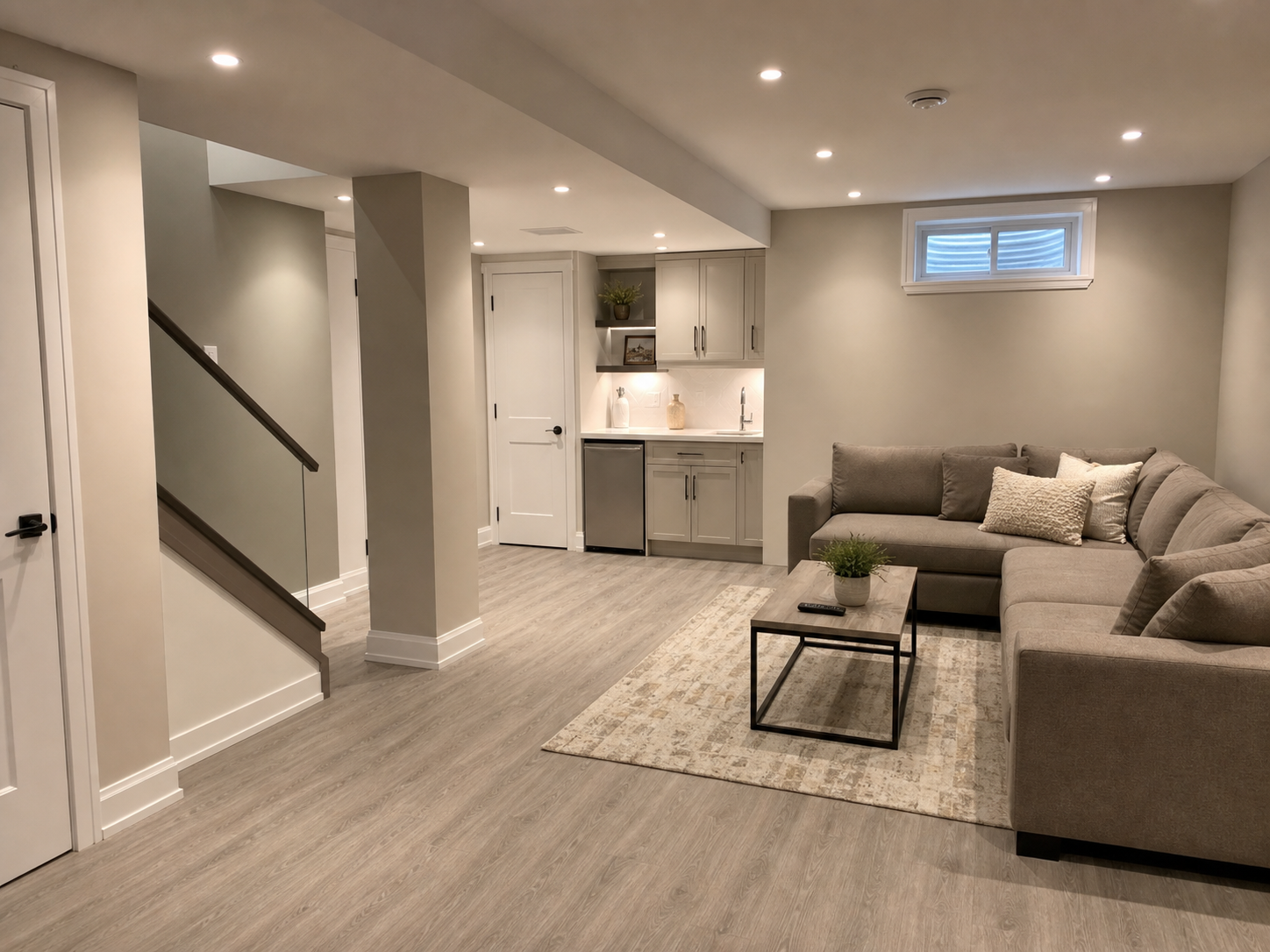 Finished Toronto basement with clean lighting and gray oak flooring