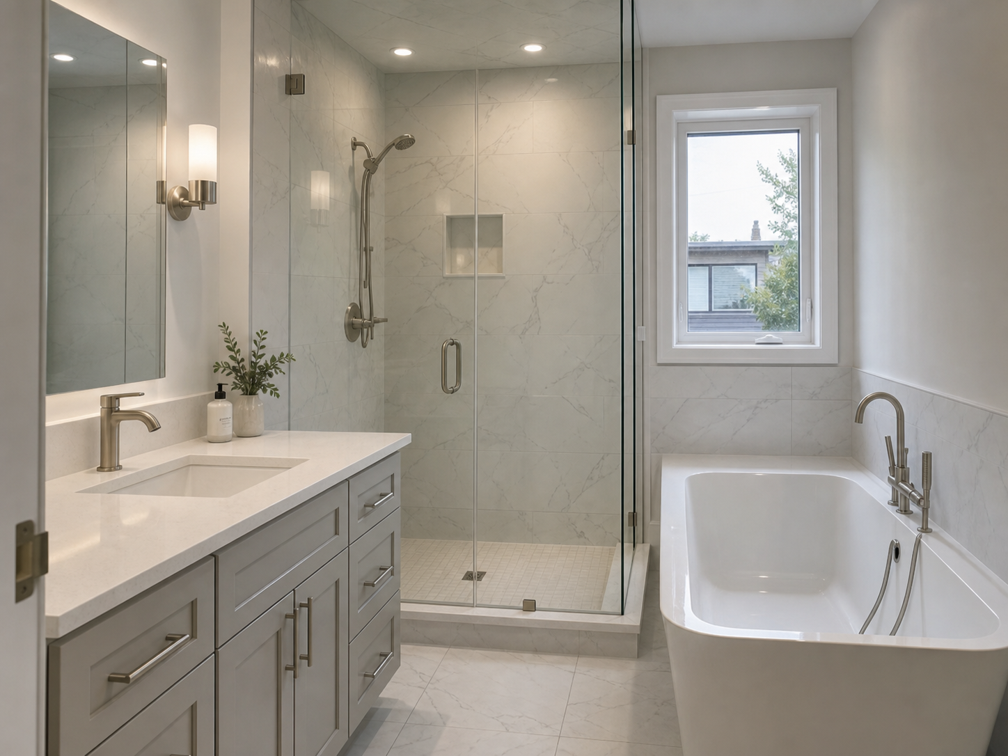 Compact bathroom renovation with marble look tile and glass shower
