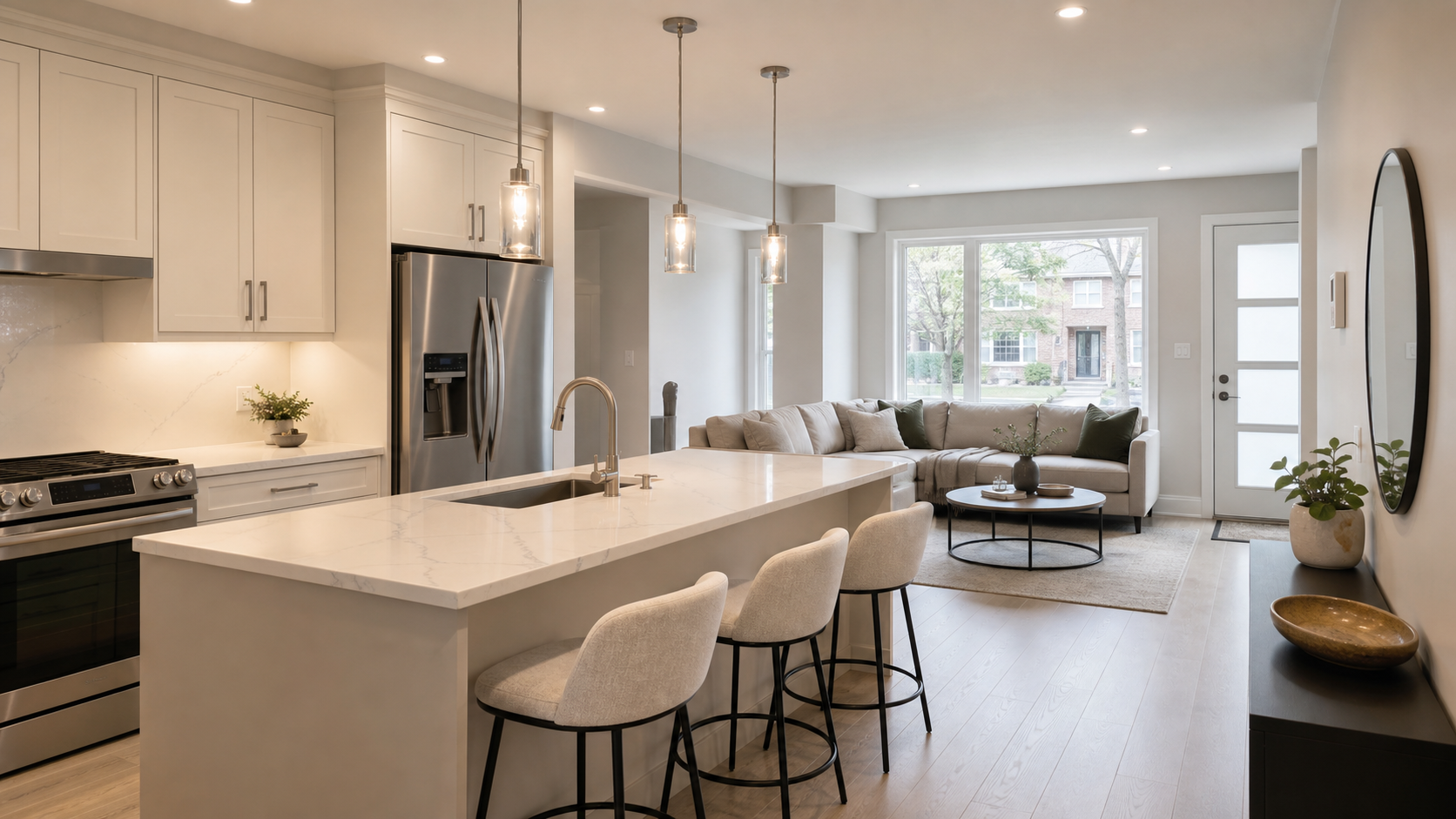 Refined Toronto renovation interior with warm white cabinetry, light quartz and pale wood flooring