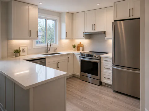 Local Toronto kitchen renovation with white cabinets and light quartz