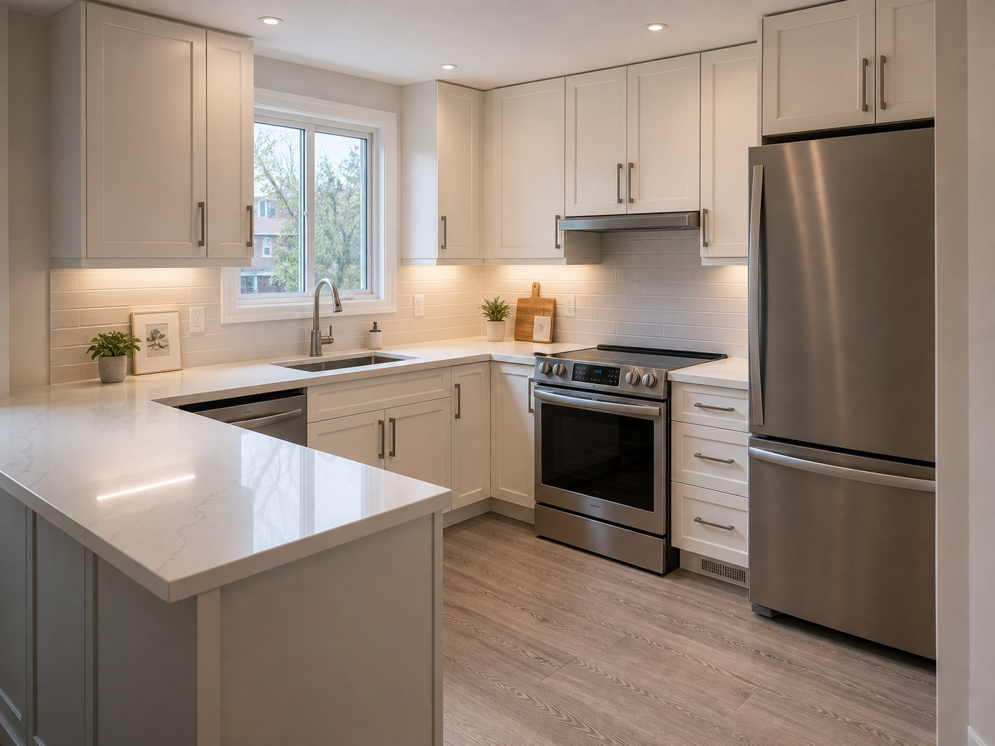 Local Toronto kitchen renovation with white cabinets and light quartz